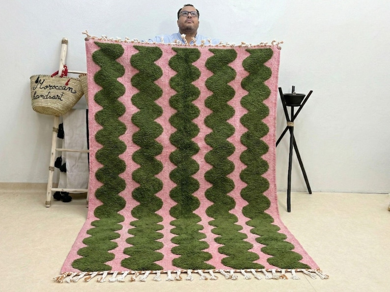 BENI OURAIN RUG, Moss Green & Pink Moroccan Berber Rug, Handmade Striped Wool Carpet, Contemporary Living Room Rug
