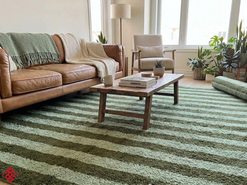 May include: A living room scene featuring a brown leather sofa with green and beige blankets, a wooden coffee table, and a striped green rug. A beige armchair and various potted plants add to the cozy atmosphere. The rug has alternating stripes of light and dark green.