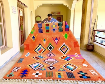 MOROCCAN HANDMADE RUG, Beni ourain Orange Shag Rug, Abstract Carpet, Custom Wool Rug, Authentic Berber Area Rug, Luxury Beni Rugs.