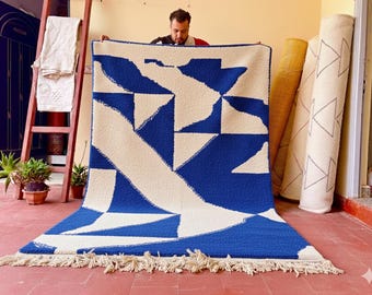 FANTASTIC BENI OURAIN Rug, Custom Moroccan Rug, Unique Blue and White Rug, Patchwork Rug, Berber Sheep Wool Carpet, Handmade Area Rug.