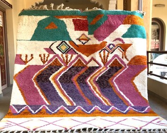 Moroccan Rug – Beni Ourain Purple and White Abstract Carpet – Custom Handmade Sheep Wool Area Rug for Cozy Bohemian Living Room & Bedroom
