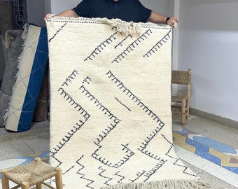 Moroccan Black and White Rug – Abstract Beni Ourain Wool Carpet – Custom Handwoven Area Rug for Boho Living Room or Bedroom Decor