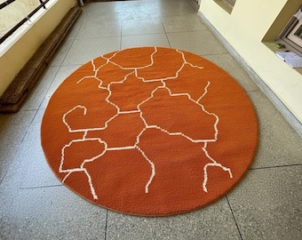 Geometric Moroccan Rug – Round Orange and White Stripe Beni Ourain Rug – Circle Berber Handmade Sheep Wool Rug – Area Rug for Living Room