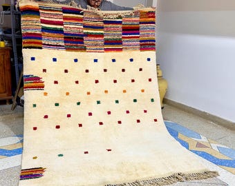 Moroccan Rug – White and Multicolor Abstract Beni Ourain Wool Carpet – Custom Handwoven Area Rug for Bohemian Living Room or Bedroom