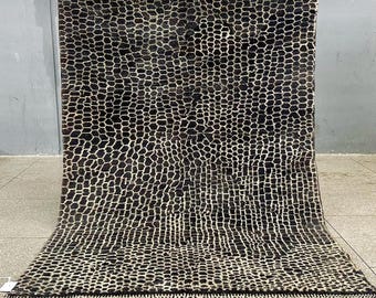 Grid Moroccan Rug - Black and White Geometric Beni Ourain Wool Carpet - Handmade Striped Area Rug for Bohemian Living Room or Bedroom