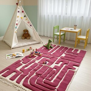PINK AREA RUG, Custom Beni Ourain Moroccan Rug, Berber Wool Abstract Shag Carpet image 9