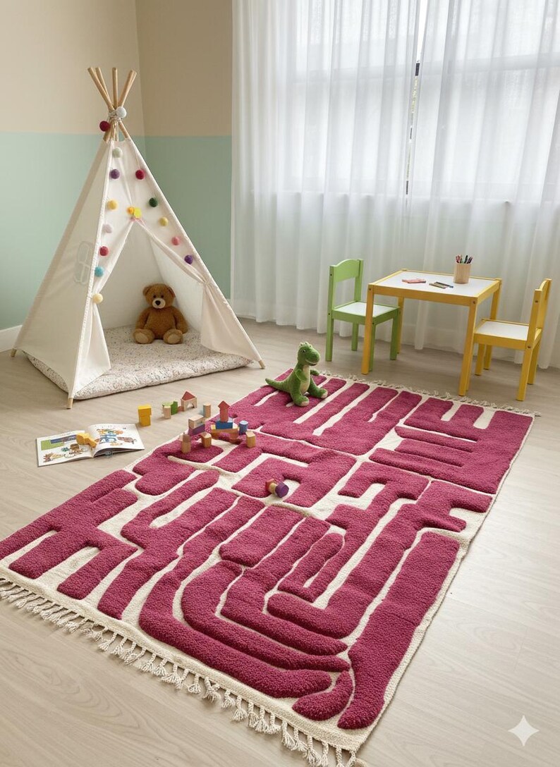 PINK AREA RUG, Custom Beni Ourain Moroccan Rug, Berber Wool Abstract Shag Carpet image 9
