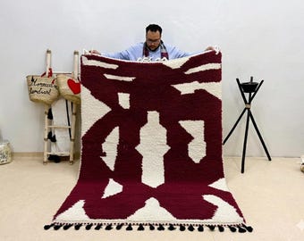 Red and Ivory Moroccan Rug – Handmade Wool Abstract High Pile Area Carpet