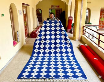 Custom Moroccan Wool Rug – Beni Ourain Blue & White Checkered Design, Handwoven Berber Carpet, Square Shag Rug