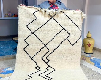 Moroccan Rug - Black and White Abstract Beni Ourain Wool Carpet - Custom Handwoven Area Rug for Bohemian Living Room or Bedroom