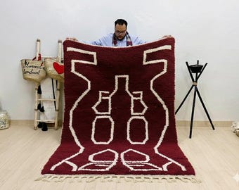 Burgundy Moroccan Rug – Handwoven Wool Abstract Berber Area Rug, Contemporary Scandinavian Style