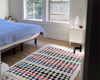 Handwoven White and Multicolor Checkered Moroccan Beni Ourain Wool Rug-Modern Boho Carpet for Unique Home Decor-Checkerboard Vibrant BohoRug