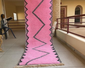 CUTE BENIOURAIN RUNNER, Handmade Checkered Runner Rug, Authentic Moroccan Rug, Striped Rug, Black and Blue Runner, Berber Rug, Pink Rug