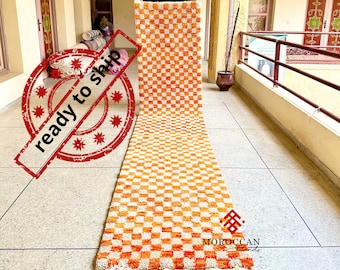 BEAUTIFUL MORROCAN RUNNER,13x2 checkered Runner Rug, Orange and Gray Runner, Handmade Rug, Berber Rug, checkerboard Runner Rug , Wool Runner