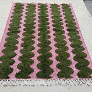 BENI OURAIN RUG, Moss Green & Pink Moroccan Berber Rug, Handmade Striped Wool Carpet, Contemporary Living Room Rug