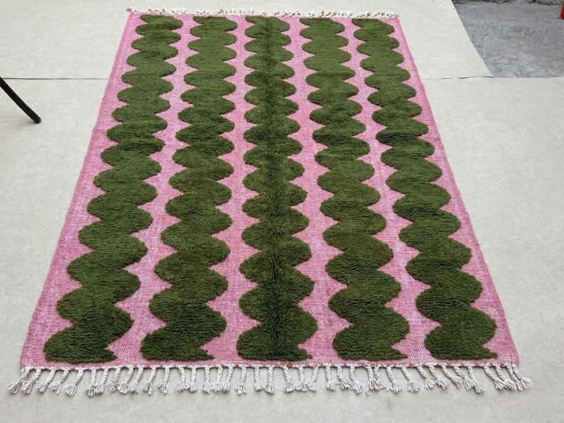 BENI OURAIN RUG, Moss Green & Pink Moroccan Berber Rug, Handmade Striped Wool Carpet, Contemporary Living Room Rug