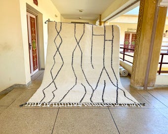 Moroccan Rug - Black and White Geometric Beni Ourain Wool Carpet - Handmade Custom Area Rug for Contemporary Home Decor