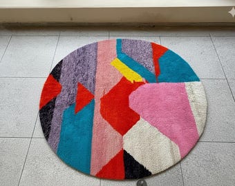 Round Abstract RUG, Handmade Berber Wool Rug, Circle Moroccan Rug, Beni Ourain Style Rug, Multicolored Shag Carpet, Soft Pile Area Rug.