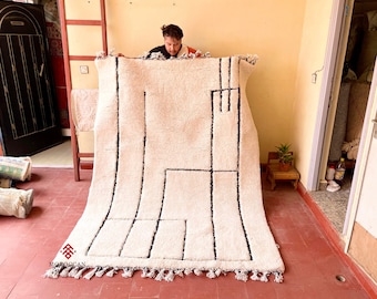 Soft Beni Ourain Rug, Black and White Striped Moroccan Rug, Custom Wool Handmade Carpet, Area Living Room Rug for Minimalist Home Decor