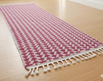 Pink Moroccan Runner - Handmade Abstract Beni Ouarain Rug - Custom Berber Wool Hallway Area Rug