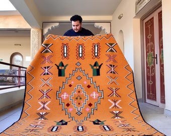 HANDMADE RUG, Abstract Moroccan Rug, Artisan Berber Carpet, Custom Size Wool Rug, Orange Beni ourain Area Rug, Crafted Interior Decor.