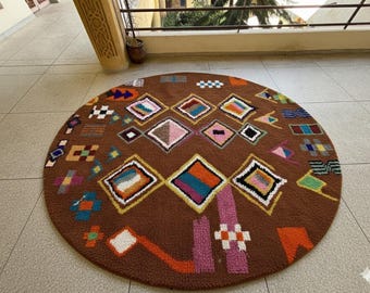 MOROCCAN ROUND RUG, Beni ourain Brown Circle Rug, Abstract handmade Carpet, Custom Wool Rug, Authentic Berber Area Rug, Luxury Beni Rugs.