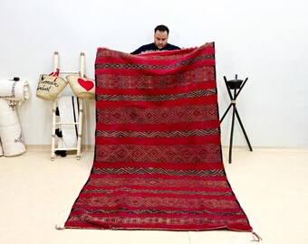 Handcrafted Wool Rug 9.3x5.1FT, VINTAGE Moroccan Floor Rug, Authentic Red Area Rug, BERBER MOTIFS Artisanal Rug.