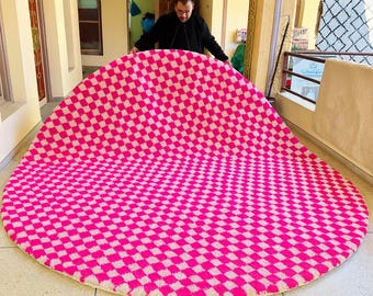 Moroccan Round Rug - Beni ourain Handmade Round Carpet - Custom Checkered Berber Rug - Wool Circle Rug - Custom Berber Round Carpet