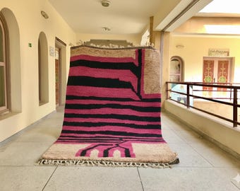 Striped Moroccan Rug, Handmade Pink and Black Beni Ourain Wool Rug, Custom Soft Area Rug, Boho Berber Living Room Decor