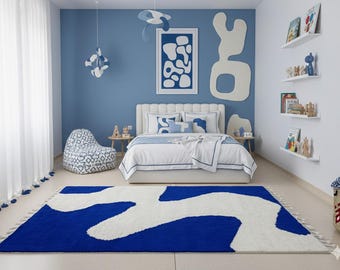 Modern Blue & White Moroccan Wool Rug - Cozy Handmade Beni ourain Style