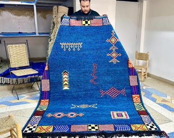 Moroccan Blue Rug – Abstract Beni Ourain Wool Carpet – Custom Handwoven Soft Wool Area Rug for Boho Living Room or Bedroom Decor