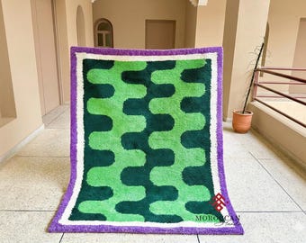 Boho Light green & Dark green Moroccan Rug – Abstract Beni Ourain Design – Cozy Soft Wool Area Rug for Home Decor
