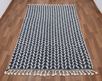 Blue Beni ourain rug | Custom Abstract Moroccan Wool Carpet | Contemporary Berber Area Rug