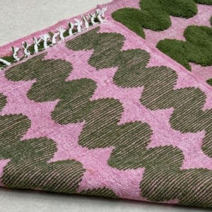BENI OURAIN RUG, Moss Green & Pink Moroccan Berber Rug, Handmade Striped Wool Carpet, Contemporary Living Room Rug