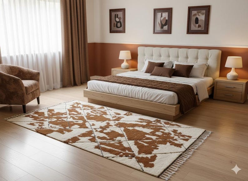 BENI OURAIN RUG, White & Brown Moroccan Rug, Custom Size Teppich Berber Rug, Geometric Handmade Area Rug, Soft Wool Moroccan Brown Carpet image 5