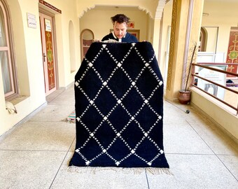 DURABLE MOROCCAN RUG, Handmade Berber Wool Carpet, Geometric Beni Ourain Rug, Black & White Geometric Rug, Custom Size Area Rug.