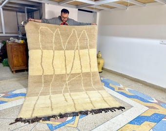 Moroccan Rug, Beni Ourain White and Brown Striped Rug, Custom Handmade Soft Wool Rug, Scandinavian Area Carpet For Living Room or Bedroom