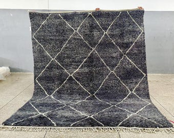 Black Beni Ourain Rug, High-Pile Moroccan Rug, Geometric Floor Rug, Handmade Berber Carpet, Custom Wool Area Rug, Abstract Pattern Shag Rug.