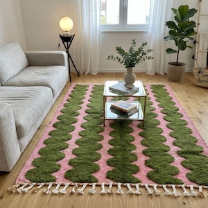 BENI OURAIN RUG, Moss Green & Pink Moroccan Berber Rug, Handmade Striped Wool Carpet, Contemporary Living Room Rug