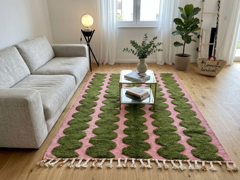 BENI OURAIN RUG, Moss Green & Pink Moroccan Berber Rug, Handmade Striped Wool Carpet, Contemporary Living Room Rug