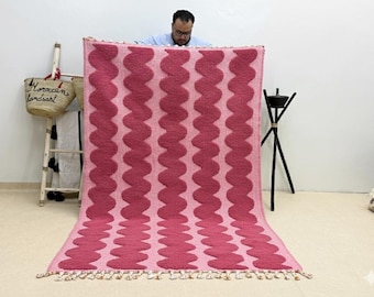 Custom Moroccan Wool Rug – Beni Ourain Pink Striped Design, Handwoven Berber Carpet, Area Wool Shag Rug,