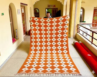 Custom Moroccan Wool Rug – Beni Ourain Orange & White Checkered Design, Handwoven Berber Carpet, Square Shag Rug