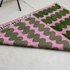 BENI OURAIN RUG, Moss Green & Pink Moroccan Berber Rug, Handmade Striped Wool Carpet, Contemporary Living Room Rug