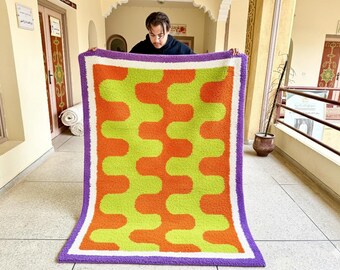 GORGEOUS BENIOURAIN RUG, Moroccan Handmade Carpet, Tribal Orange Rug, Berber Wool Rug, Striped Rug, Area Wool Rug, Funky Wool Rug