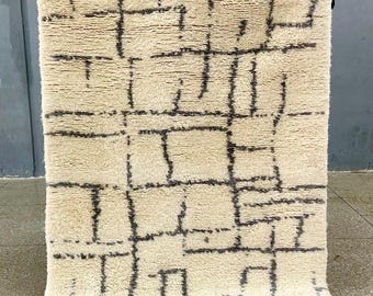 Moroccan White and Black Rug – Abstract Grid Beni Ourain Wool Carpet – Custom Handmade Soft Wool Area Rug for Modern Living Room or Bedroom