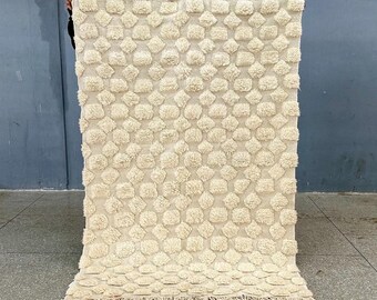 Hand-Tufted Rug, Moroccan Checkered White Rug, Solid Beni Ourain Custom Handmade Soft Wool Rug, Scandinavian Area Carpet For Living Room