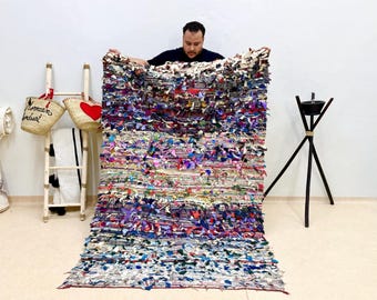 Vintage Beni Ourain Shag Rug, Blue Handmade Beni Ourain Rug, Hand Woven Wool Carpet 7.1x4.6FT, Moroccan Area Rug, Handmade Vintage Rug