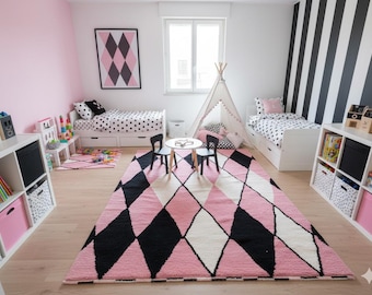MINIMALIST WOOL CARPET, Pink Geometric Moroccan Rug, Custom Beni Ourain Rug, Elegant & Shag Area Rug, Scandinavian Interior