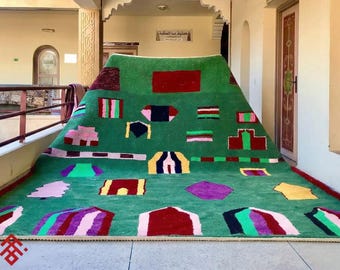 Green Handmade Moroccan Rug – Forest Emerald Abstract Beni Ourain Rug – Area Soft Wool Boho Rug