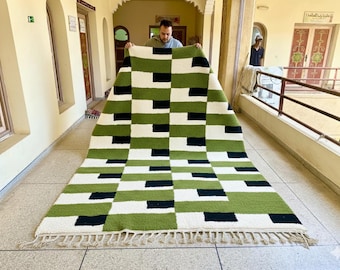 Custom Moroccan Wool Rug – Beni Ourain Green & White Geometric Design, Handwoven Berber Carpet, Square Shag Rug,